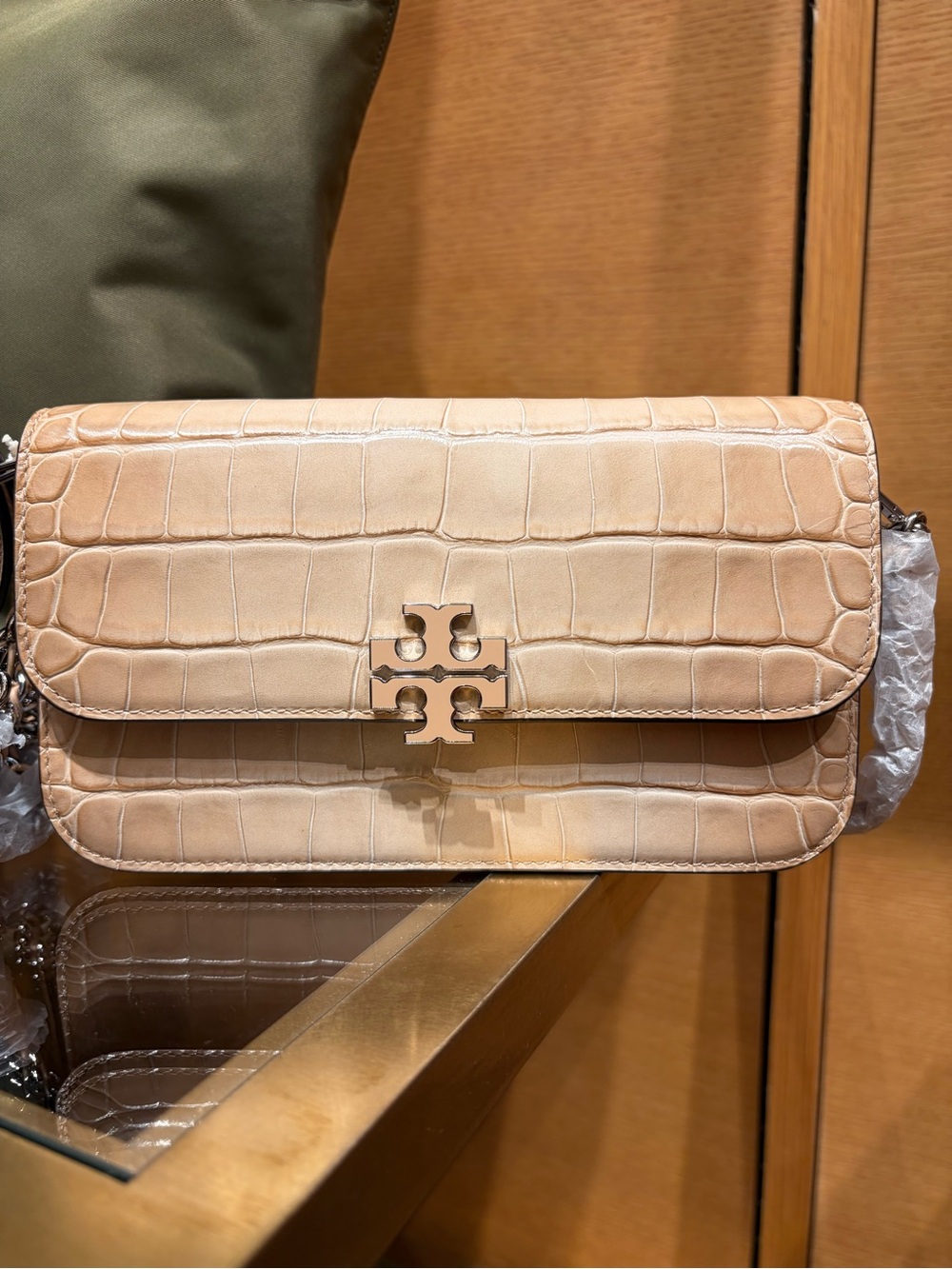 Tory Burch Beige Croc-Embossed Leather Crossbody with Logo new